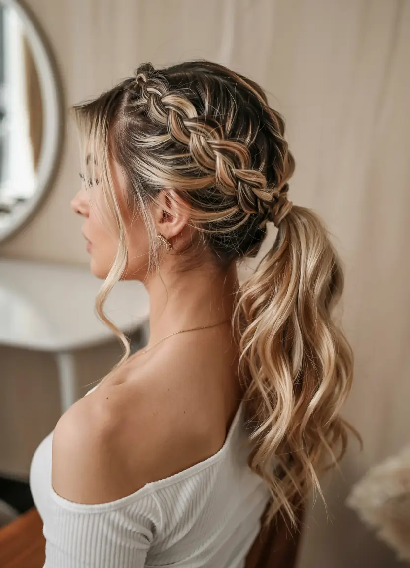 cute fall hairstyles ideas 2025 Braided Crown Ponytail