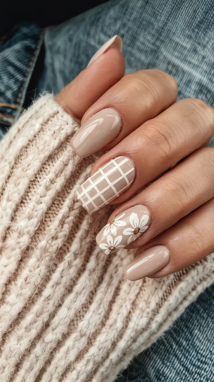 early fall nails ideas 2025 Cozy Plaid and Florals