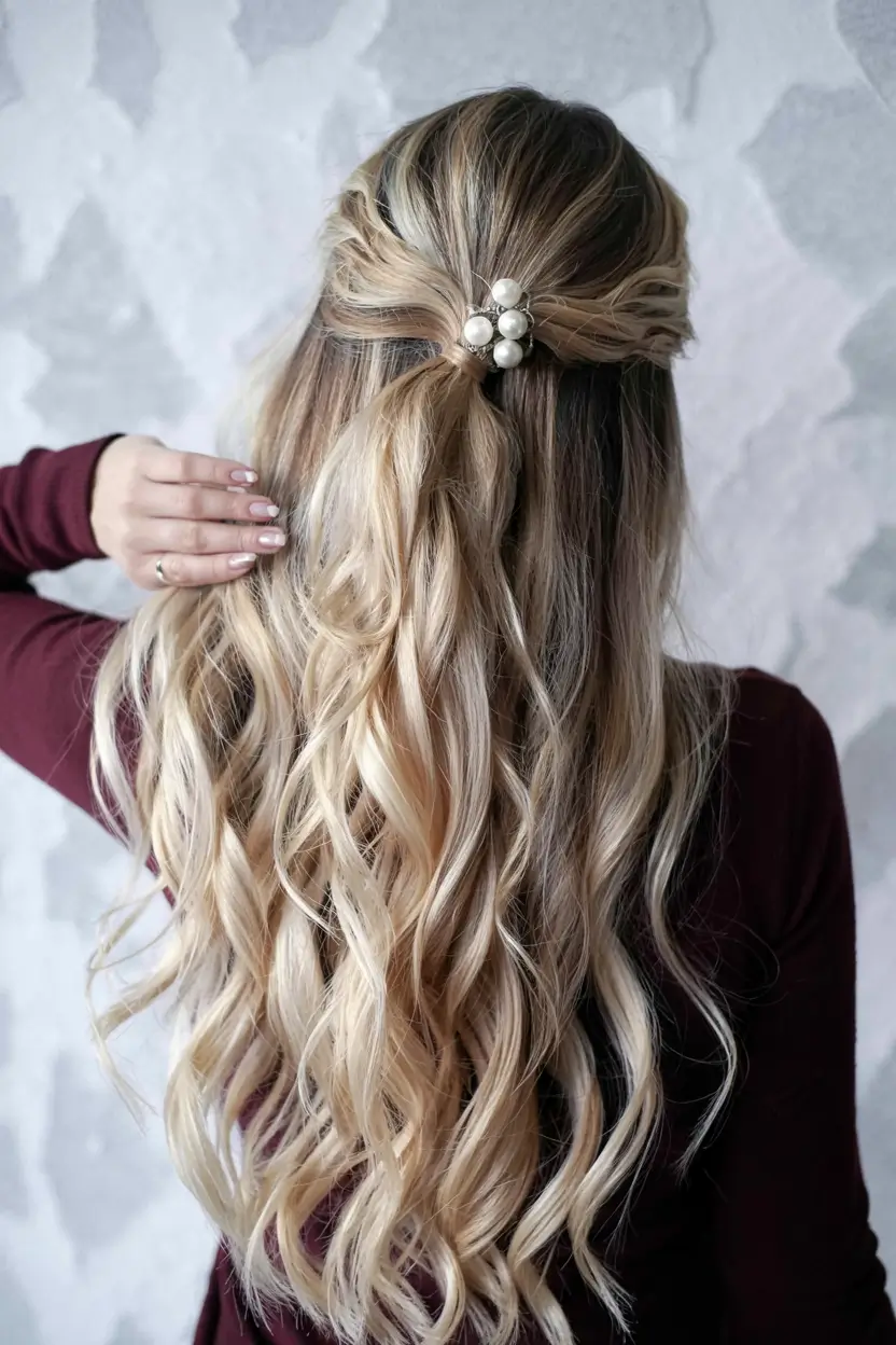 easy fall hairstyles ideas 2025 Soft Half-Up with Pearl Accent
