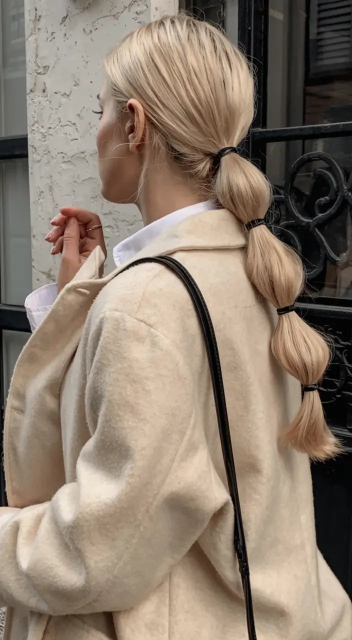 easy fall hairstyles ideas 2025 Low Bubble Pony with Neutral Tones
