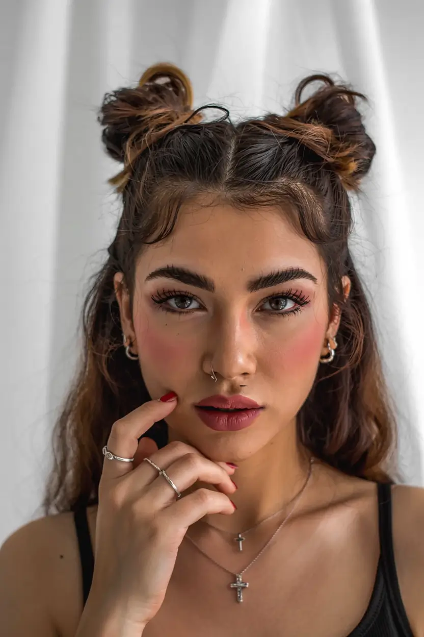 easy fall hairstyles ideas 2025 Edgy Double Buns