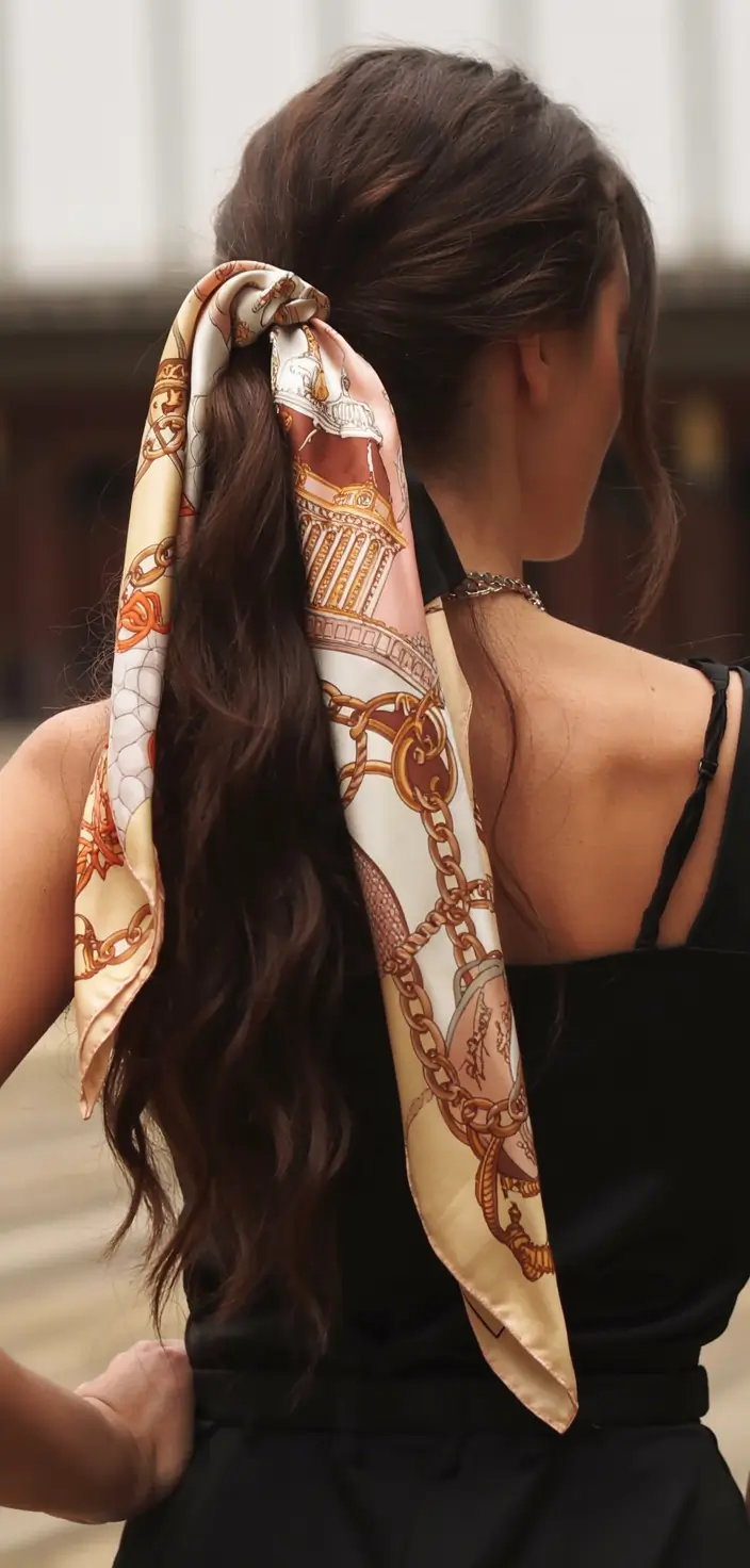 easy fall hairstyles ideas 2025 Scarf-Wrapped Ponytail