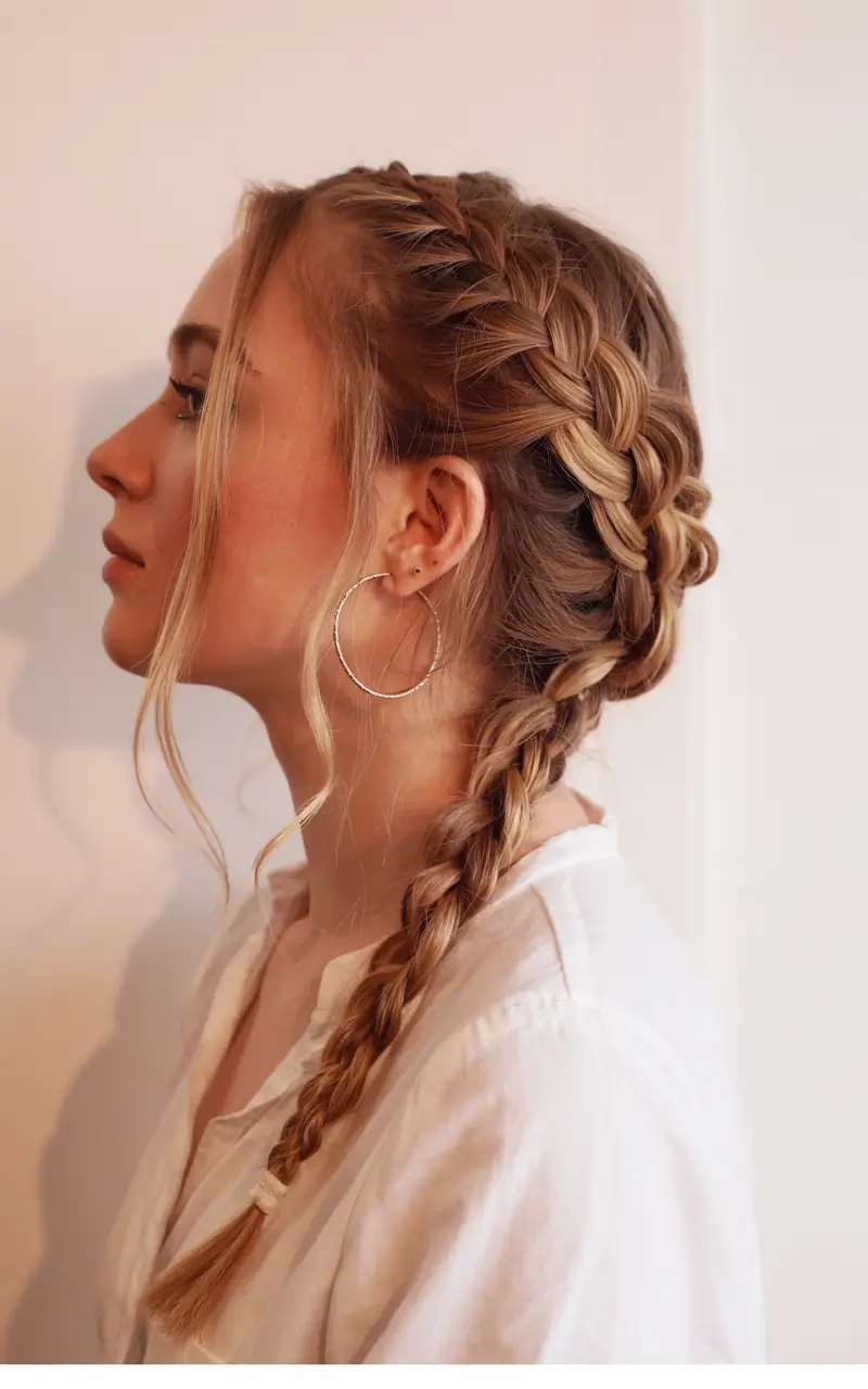 easy fall hairstyles ideas 2025 Double Braided Crown with Low Braids