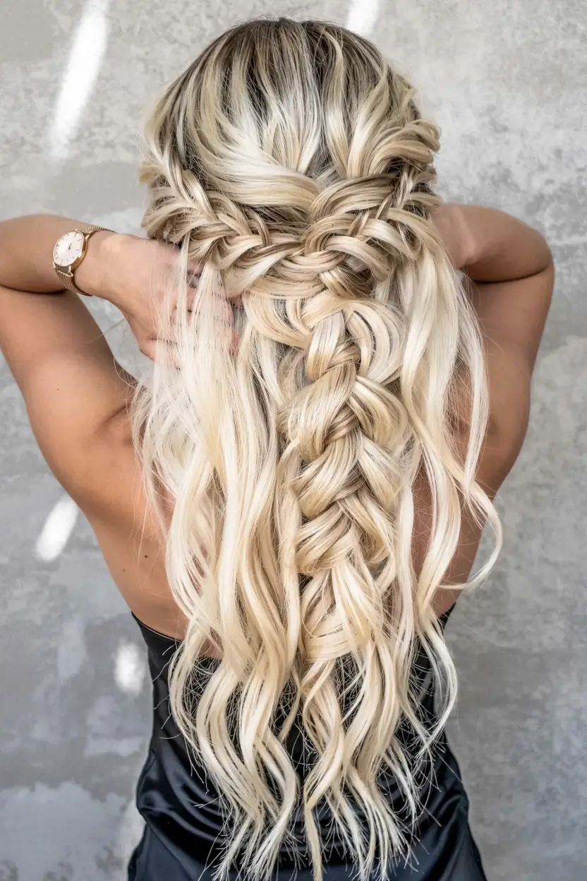 easy fall hairstyles ideas 2025 Voluminous Half-Up Braided Waterfall