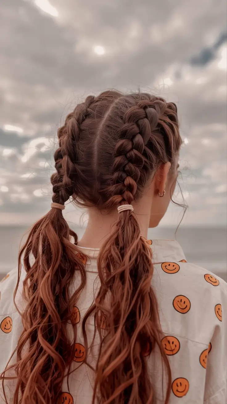 easy fall hairstyles ideas 2025 Double Braids with Loose Ends