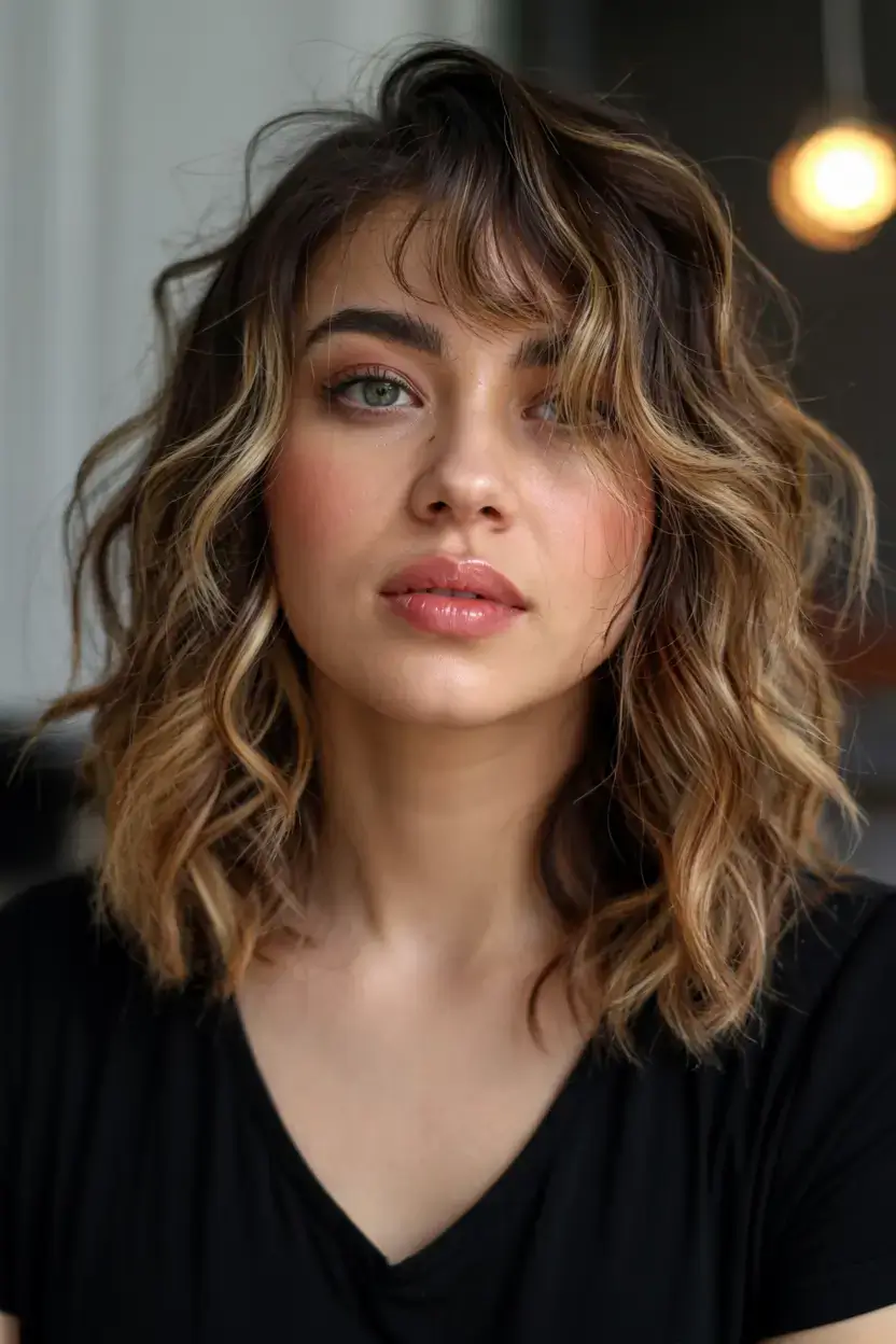 fall 2025 haircuts for plus size women Messy Lob with Piecey Fringe