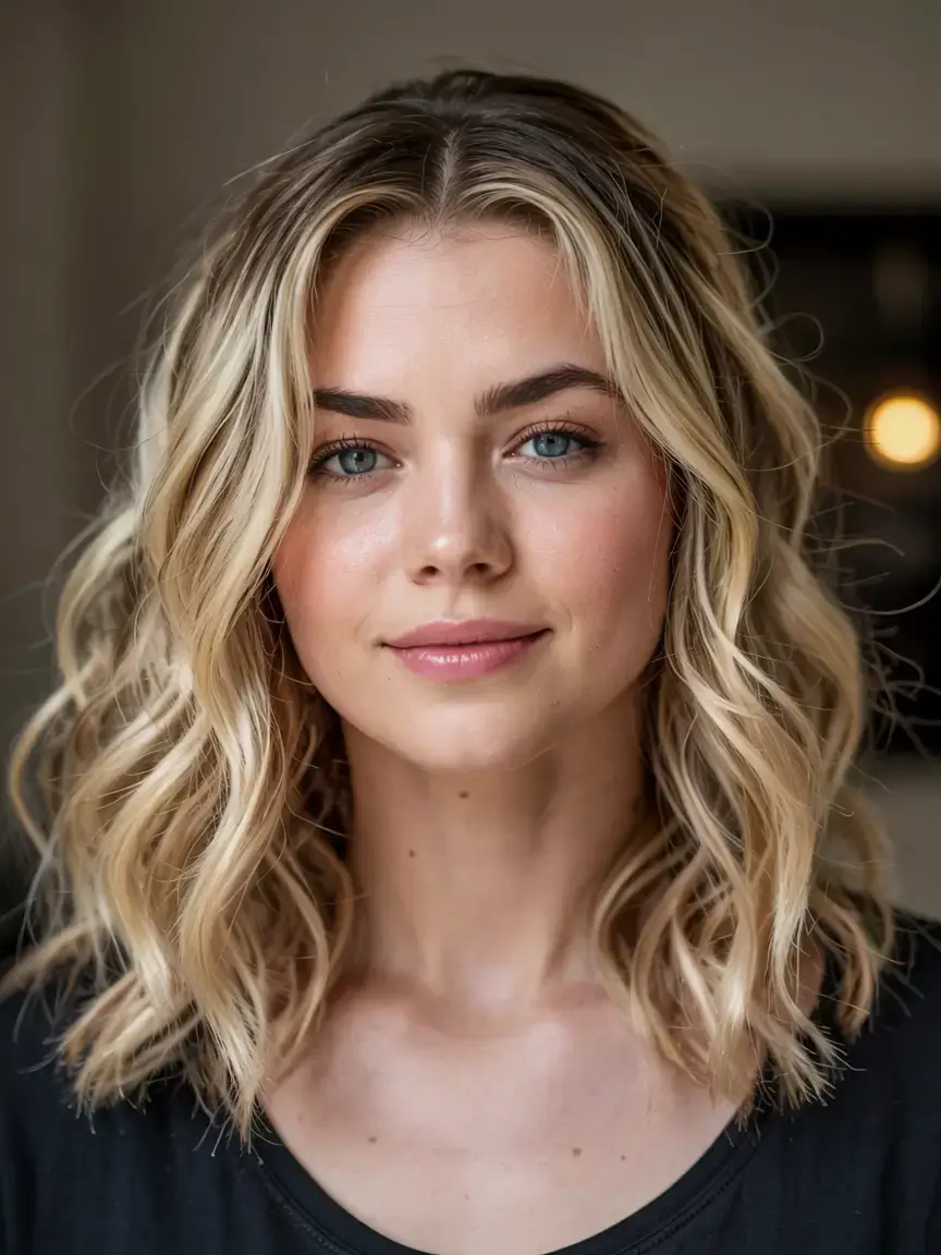 fall 2025 haircuts for plus size women Modern Blonde Waves with Blended Roots