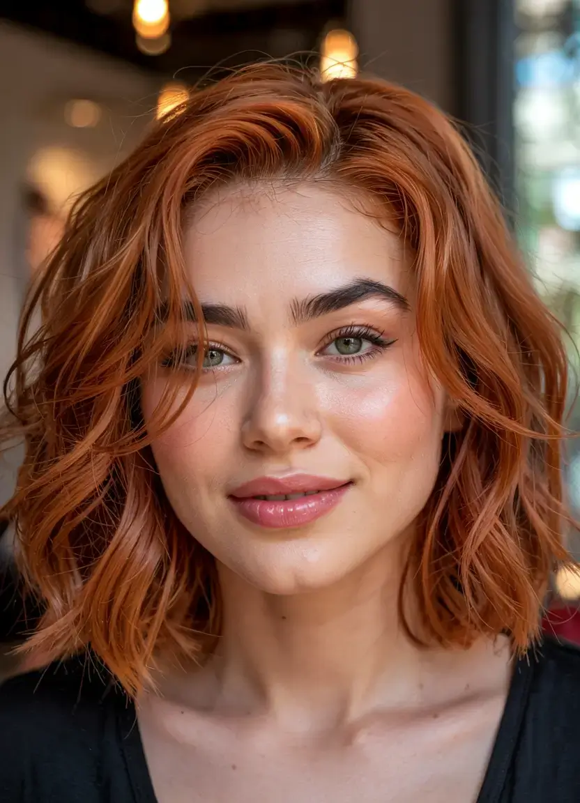 fall 2025 haircuts for plus size women Bright Copper Lob with Soft Side Part