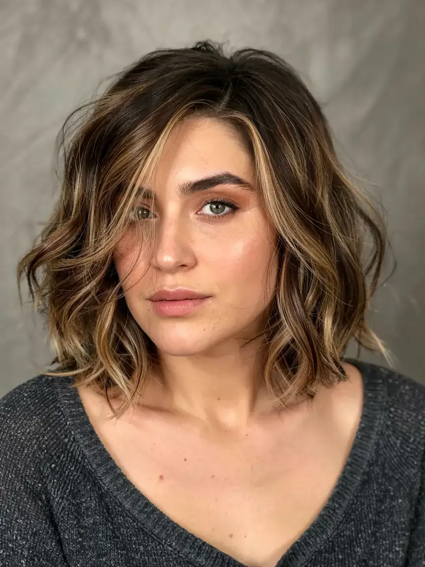 fall 2025 haircuts for plus size women Classic Wavy Lob with Bold Highlights
