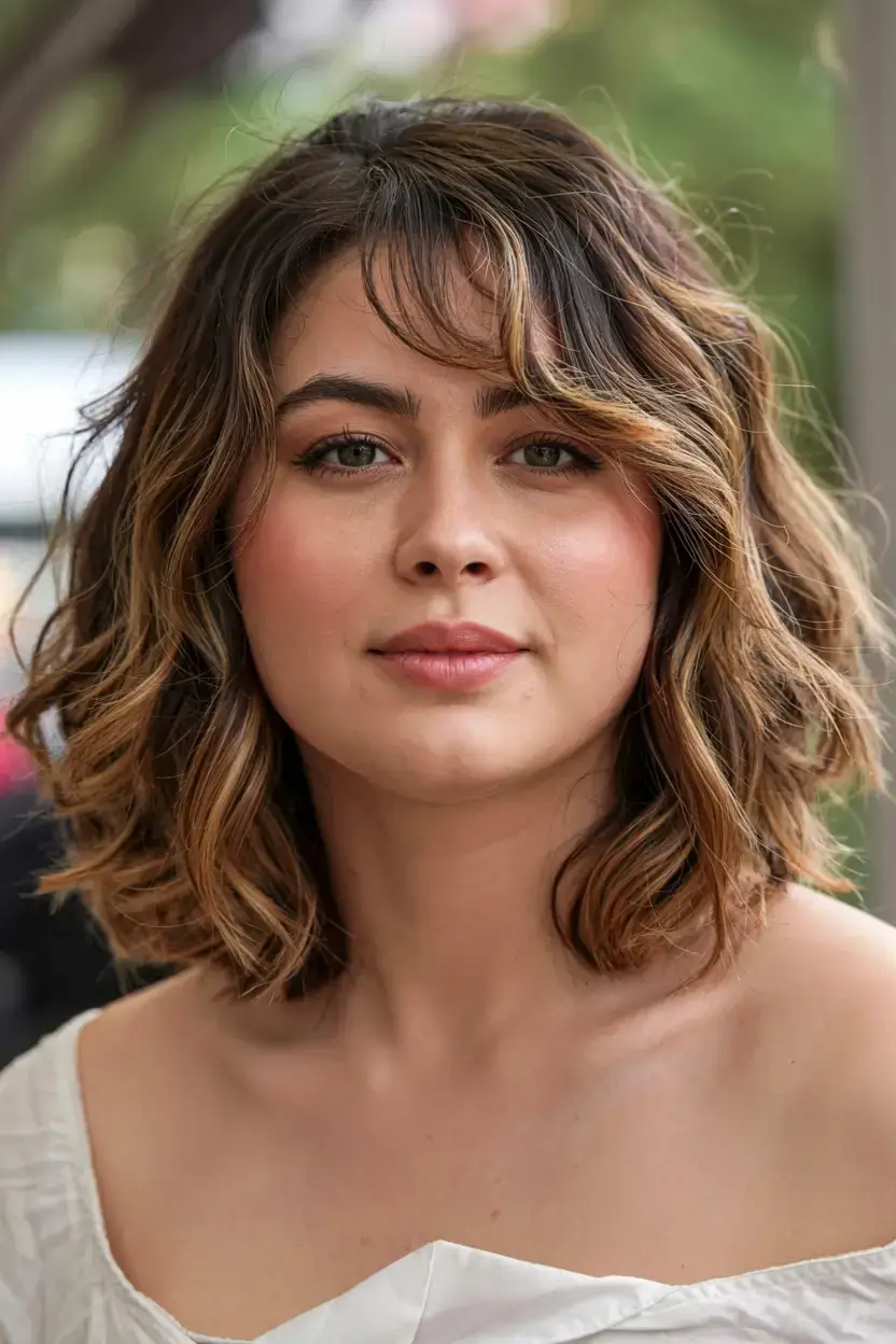 fall 2025 haircuts for plus size women Golden-Warm Curled Bob with Feathered Bangs