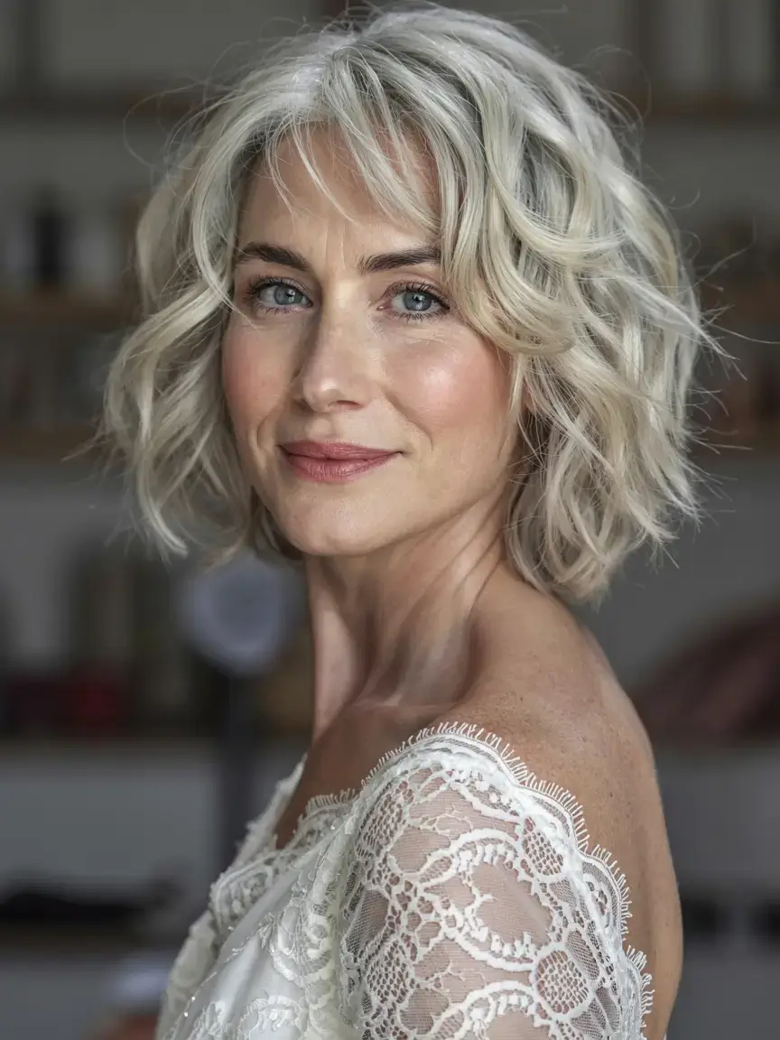 fall 2025 haircuts for women over 50 Snowy Blonde Waves with Soft Volume