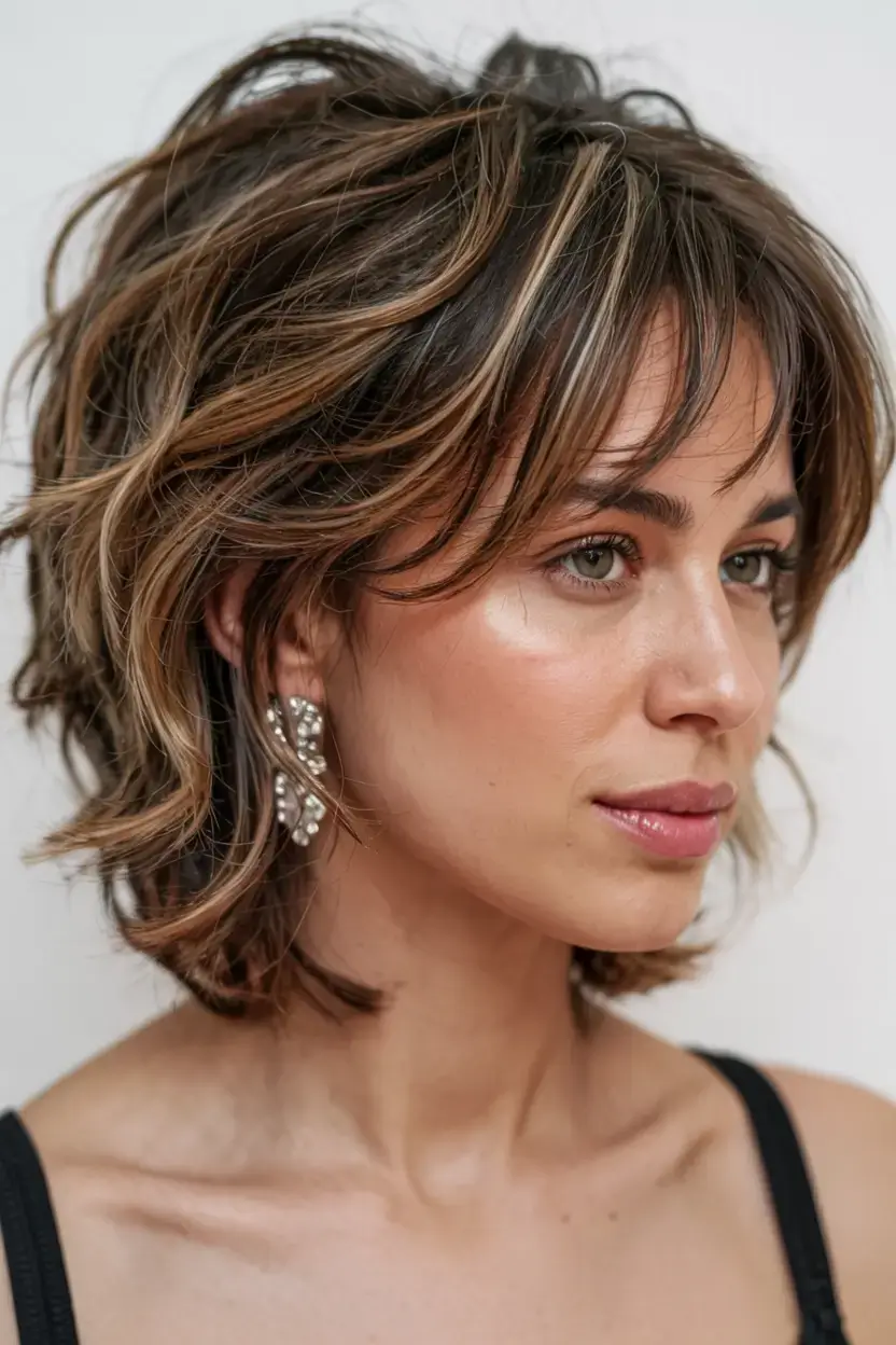 fall 2025 haircuts for women over 50 Voluminous Brunette Shag with Warm Highlights