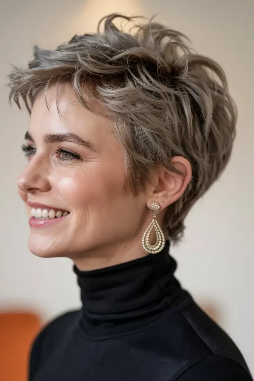 fall 2025 haircuts for women over 50 Piecey Pixie in Metallic Mushroom Blonde