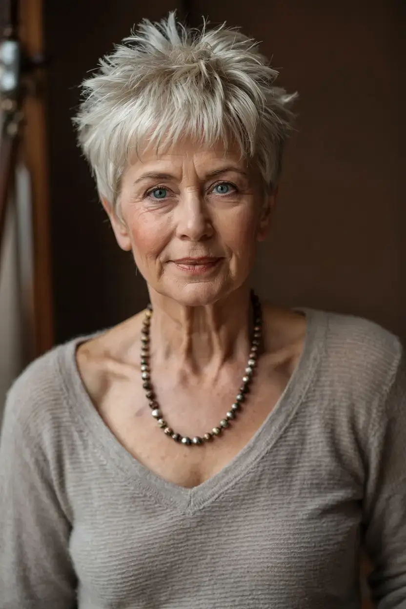 fall 2025 haircuts for women over 50 Frosted Textured Pixie with Micro Fringe