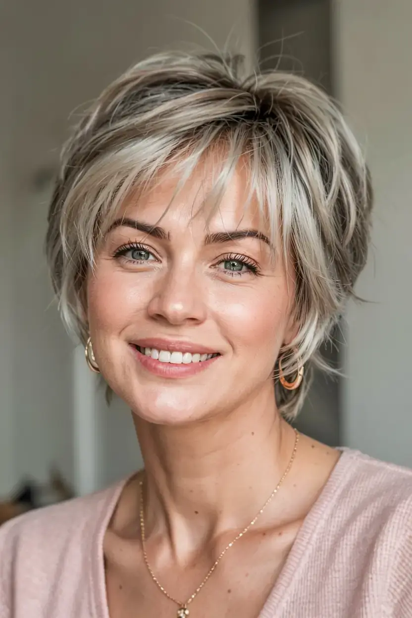 fall 2025 haircuts for women over 50 Icy Shag-Pixie Hybrid with Face-Framing Bangs