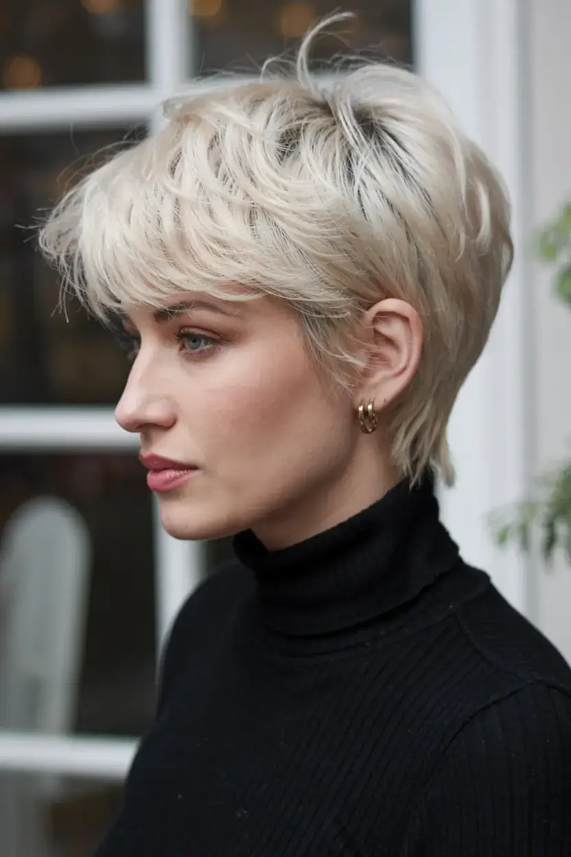 fall 2025 haircuts for women over 50 Classic Feathered Pixie in Vanilla Blonde