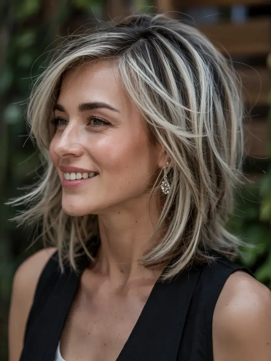 fall 2025 haircuts for women over 50 Face-Framing Layers with Radiant Highlights