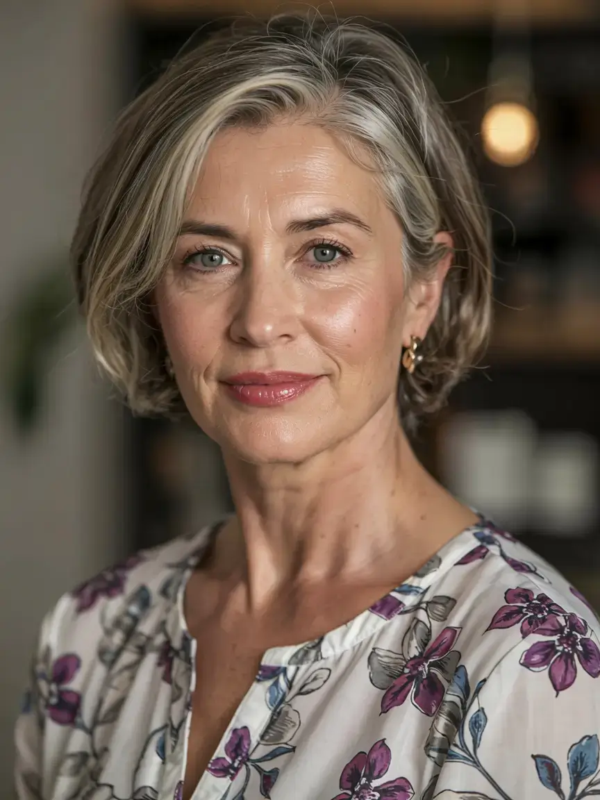 fall 2025 haircuts for women over 50 Classic Tapered Bob with Silver Dimension