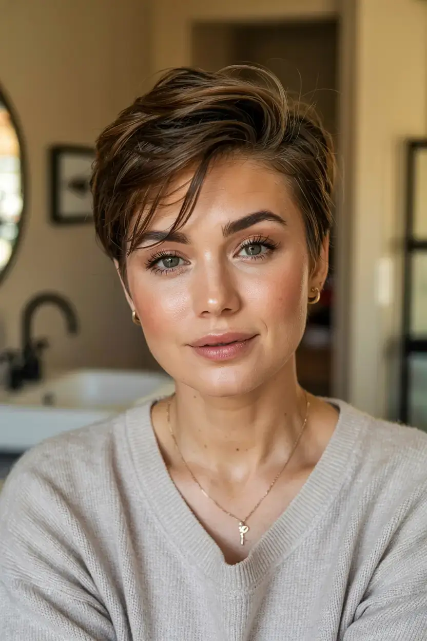 fall 2025 pixie haircut ideas+The Side-Swept Espresso Revival Pixie