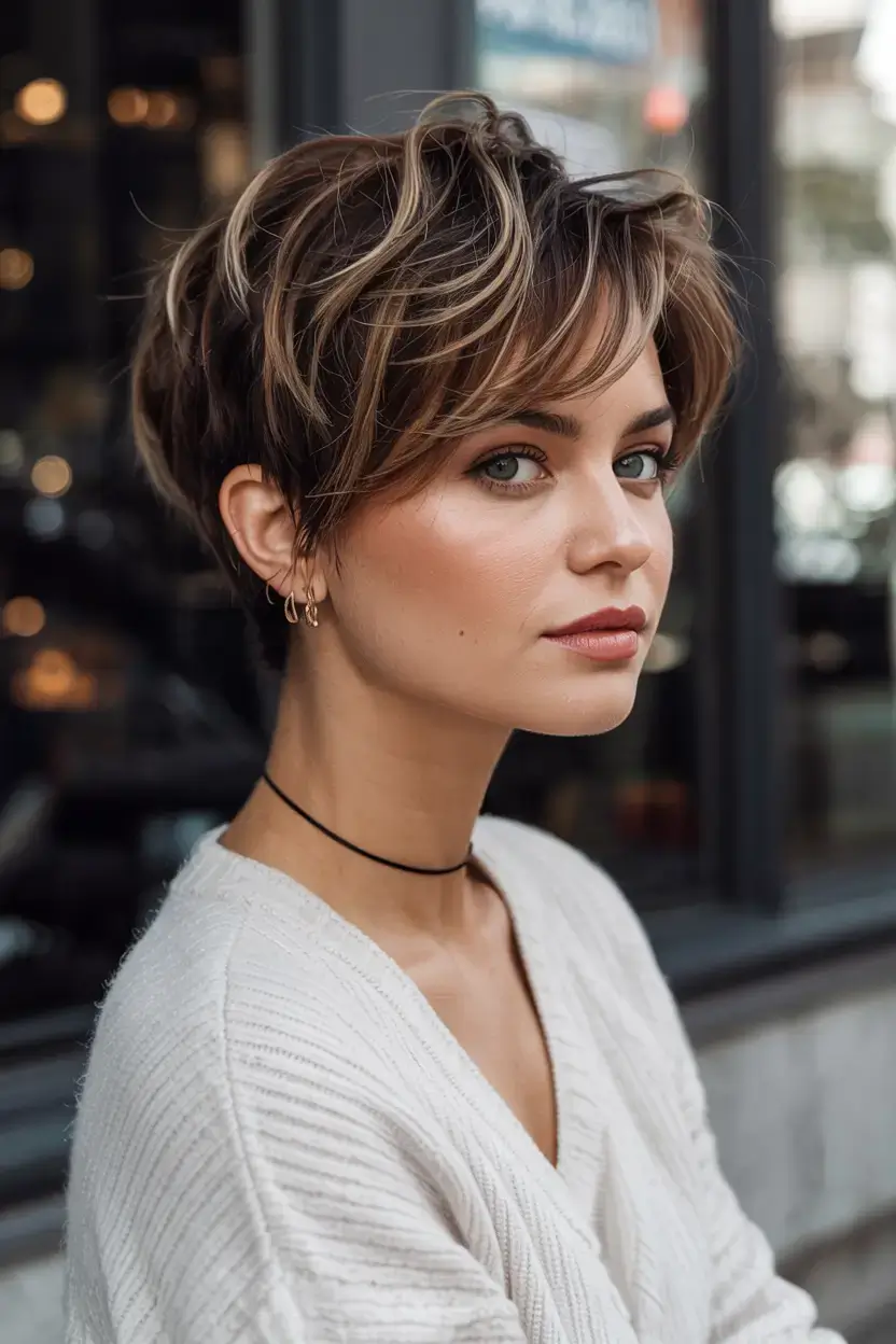 fall 2025 pixie haircut ideas+The Windswept Highlighted Pixie