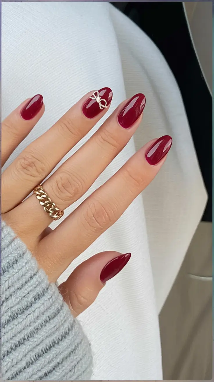 fall acrylic nails: short and long ideas 2025 Cranberry Bow Detail