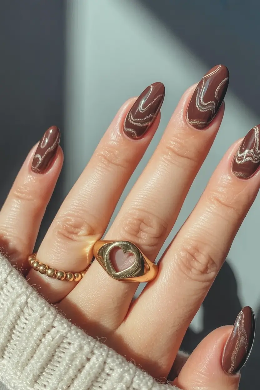 fall acrylic nails: short and long ideas 2025 Mocha Marble Veins