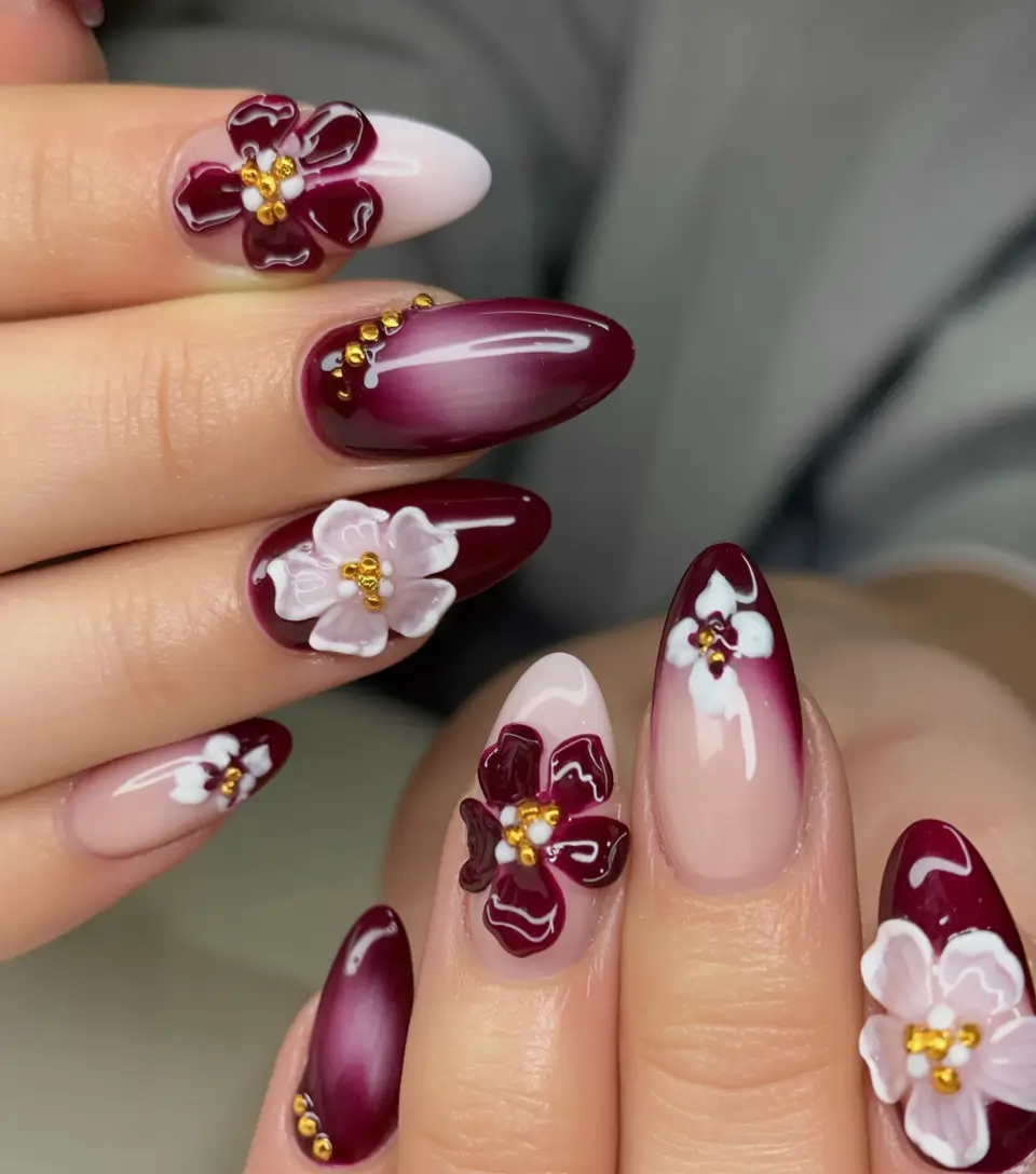 fall acrylic nails: short and long ideas 2025 Burgundy Blossom Dimension