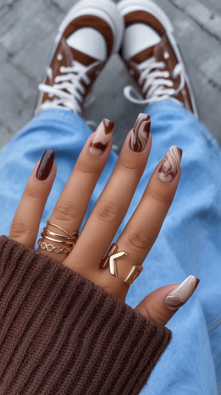 fall acrylic nails: short and long ideas 2025 Mocha Swirl Layers
