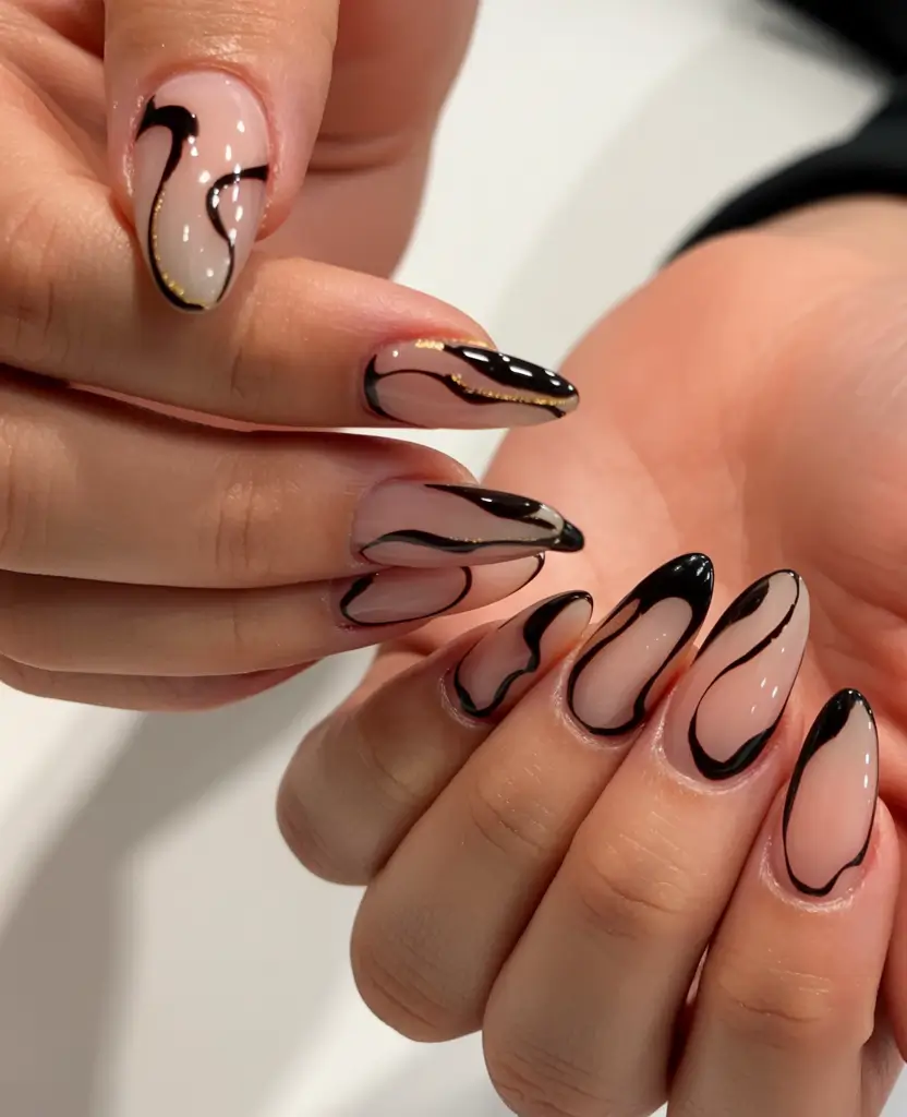 fall acrylic nails: short and long ideas 2025 Abstract Black Waves