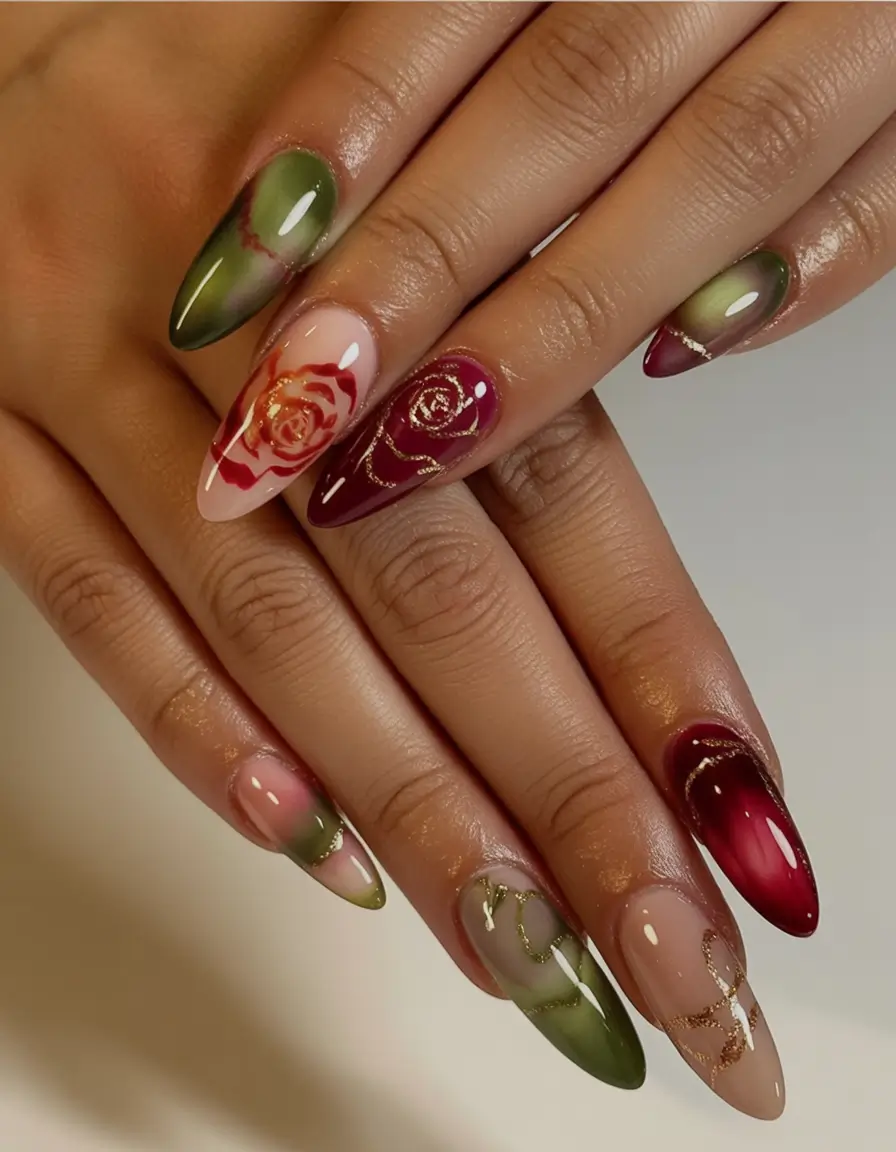 fall acrylic nails: short and long ideas 2025 Botanical Ombre Bloom