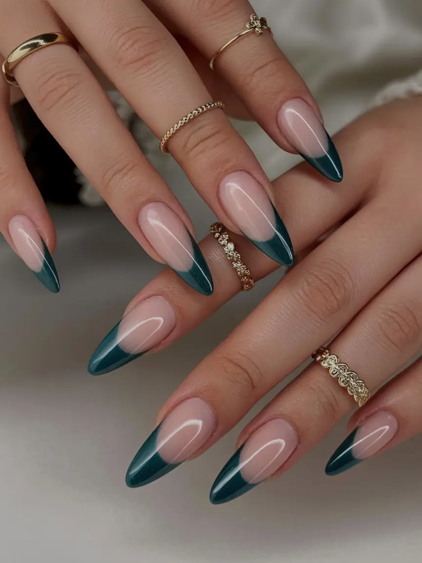 fall acrylic nails: short and long ideas 2025 Deep Teal French Tips