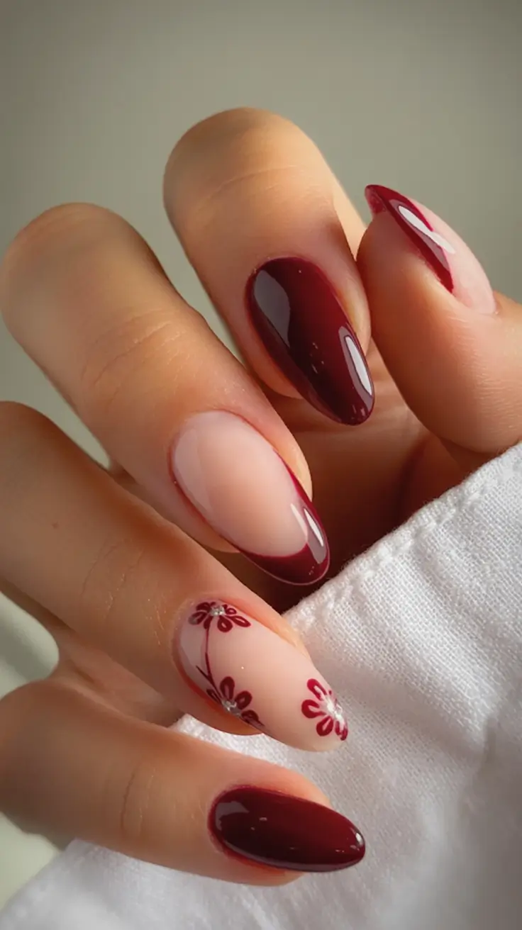 fall acrylic nails: short and long ideas 2025 Merlot Florals
