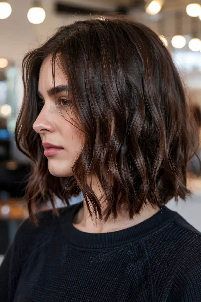 fall bob haircut ideas 2025 Soft Chocolate Waves with Quiet Drama