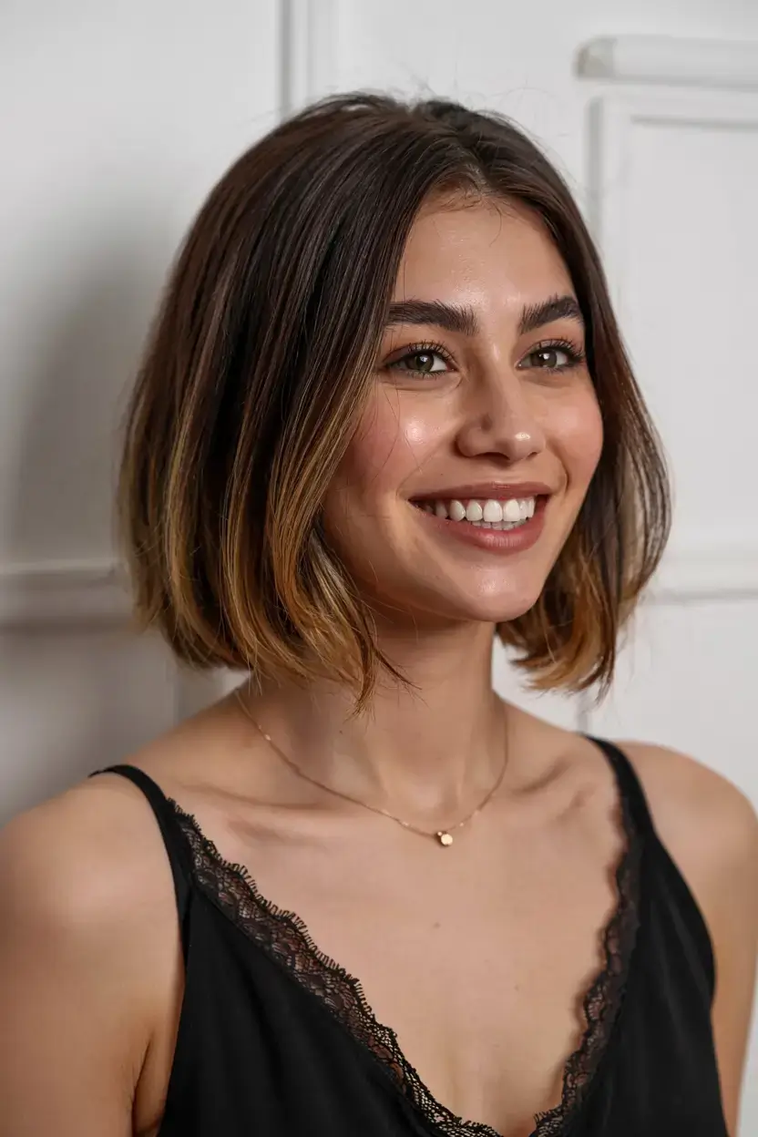 fall bob haircut ideas 2025 Warm Brunette Bob with Soft Ombre Ends