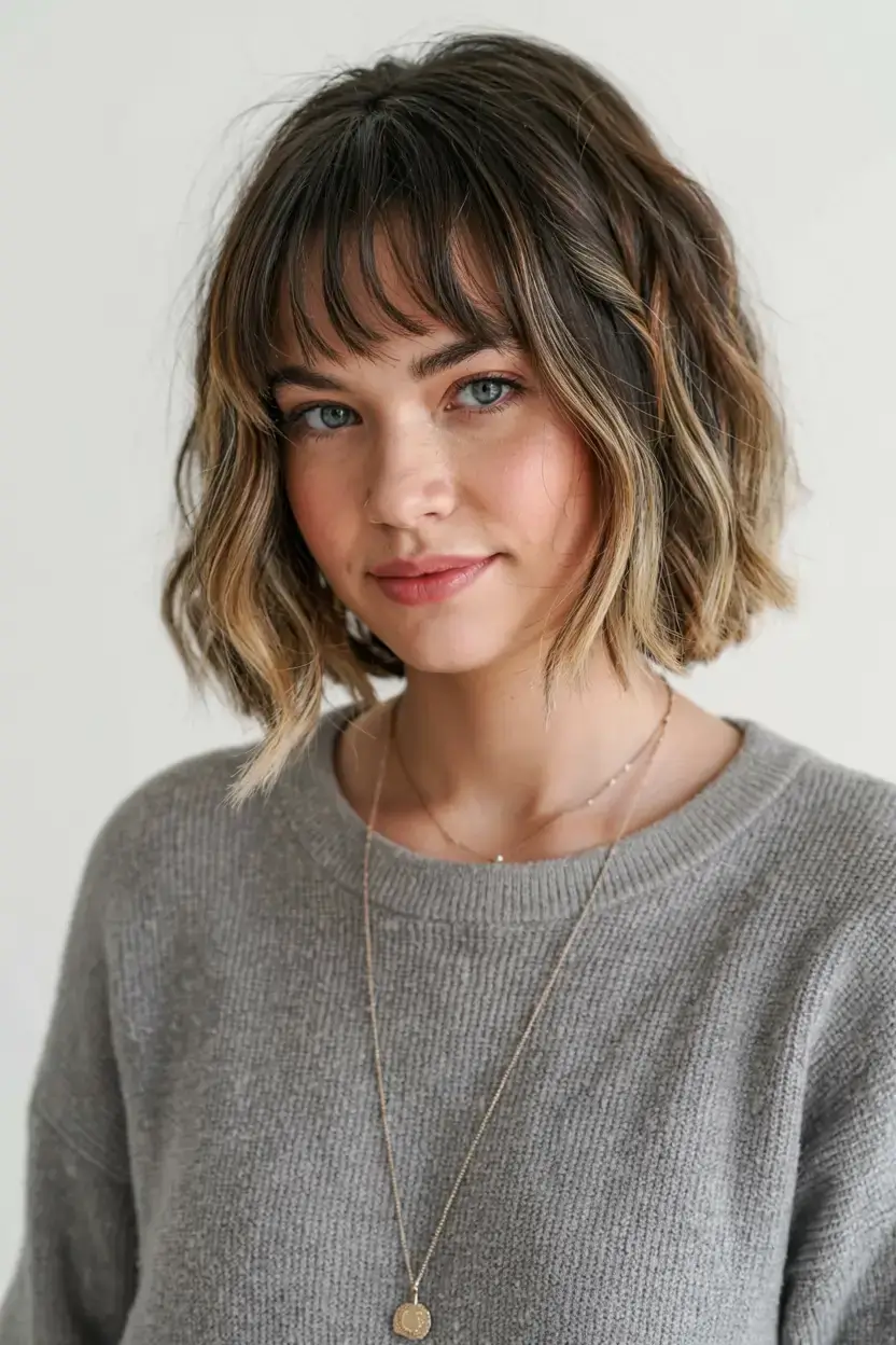 fall bob haircut ideas 2025 Textured Fringe Bob with Dimensional Blonde
