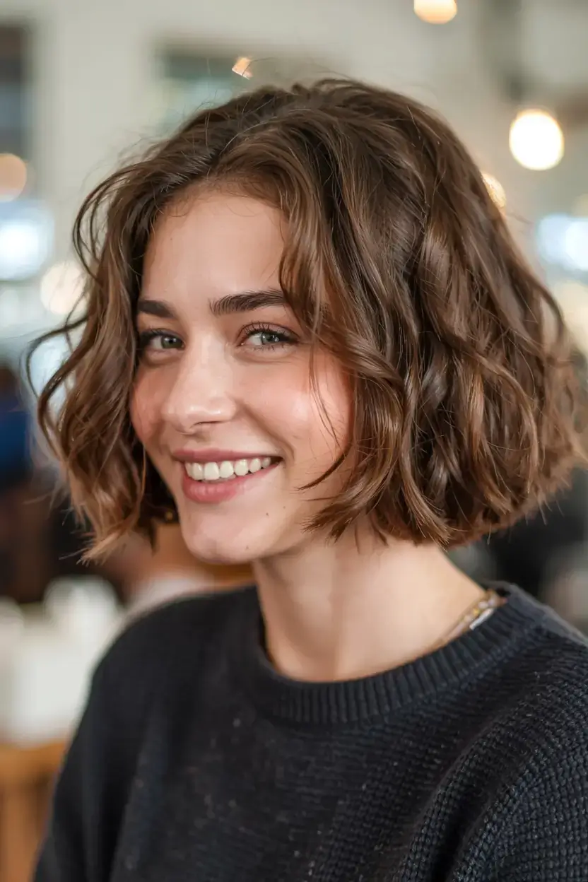 fall bob haircut ideas 2025 Soft Curl Bob with Cinnamon Warmth