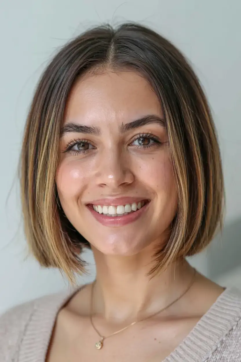 fall bob haircut ideas 2025 Sleek Center-Part Bob with Bright Edges
