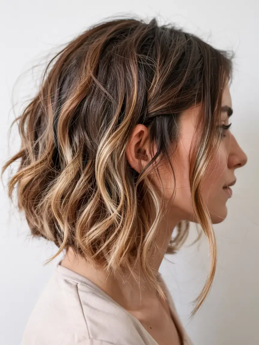 fall bob haircut ideas 2025 Effortless Texture with Cool Honey Highlights