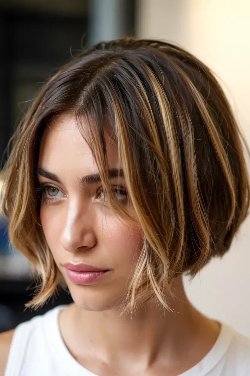 fall bob haircut ideas 2025 Choppy French Bob with Bold Highlighting