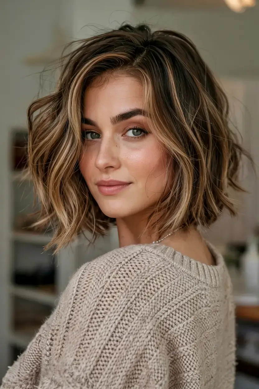 fall bob haircut ideas 2025 Layered Bob with Autumnal Gold Dimension