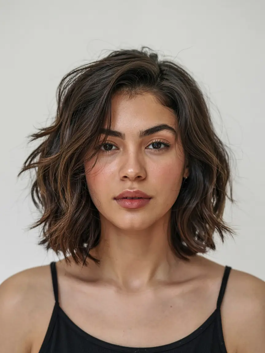 fall bob hairstyle ideas 2025+Air-Dried Waves with Tonal Brunette Color