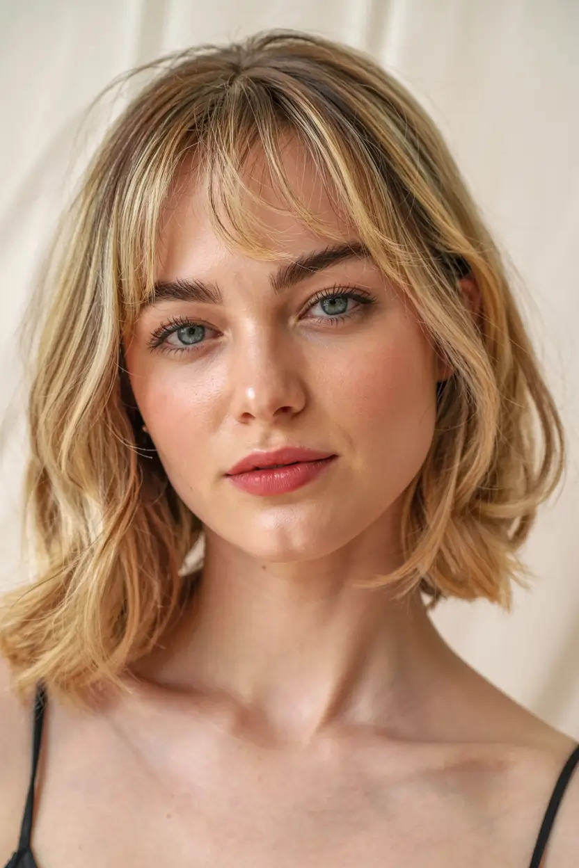 fall bob hairstyle ideas 2025+Soft Baby Fringe with Light Golden Blonde