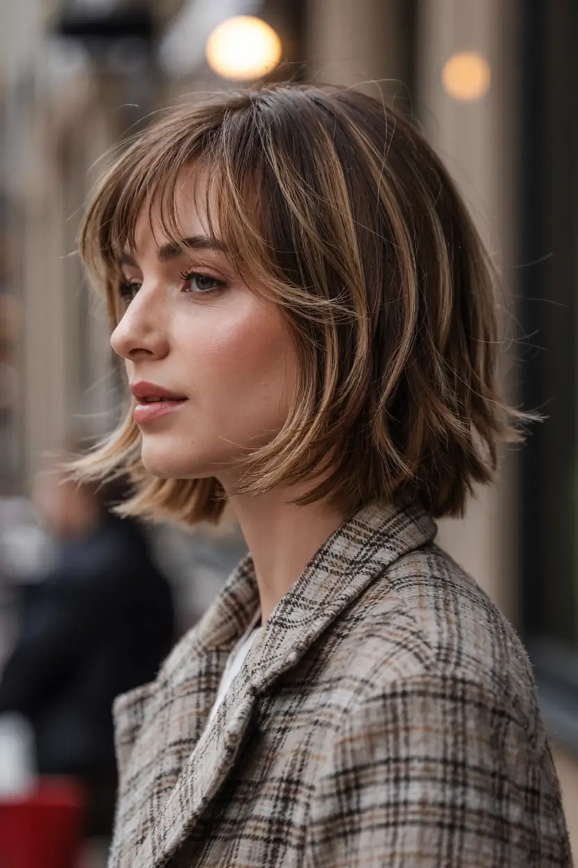 fall bob hairstyle ideas 2025+Layered Swing with Buttery Balayage