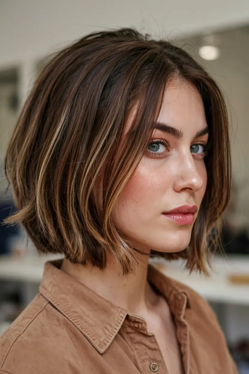 fall bob hairstyle ideas 2025+Contrast-Ribbon Layers with Polished Density