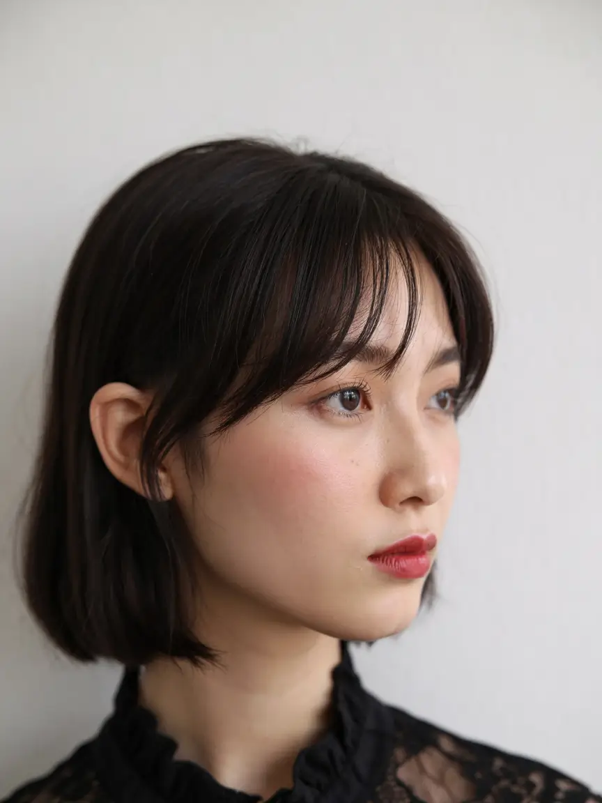 fall bob hairstyle ideas 2025+Delicate Curtain Bob with Feathered Bangs