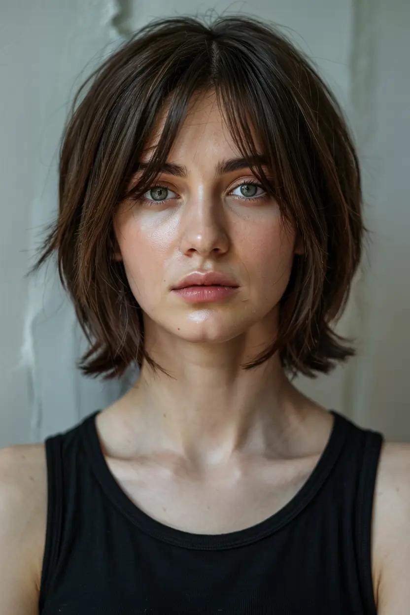 fall bob hairstyle ideas 2025+Flipped Ends with Wispy Mid-Bangs