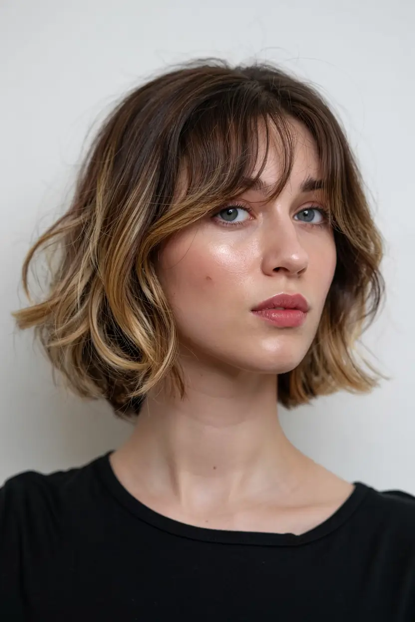 fall bob hairstyle ideas 2025+Golden Contour with Breezy Curtain Bangs