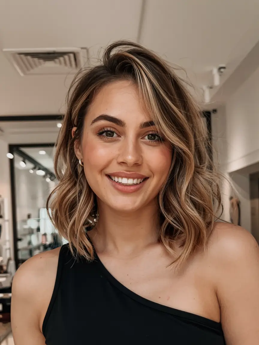 fall bob hairstyle ideas 2025+Tousled Balayage Waves with a Side-Sweep
