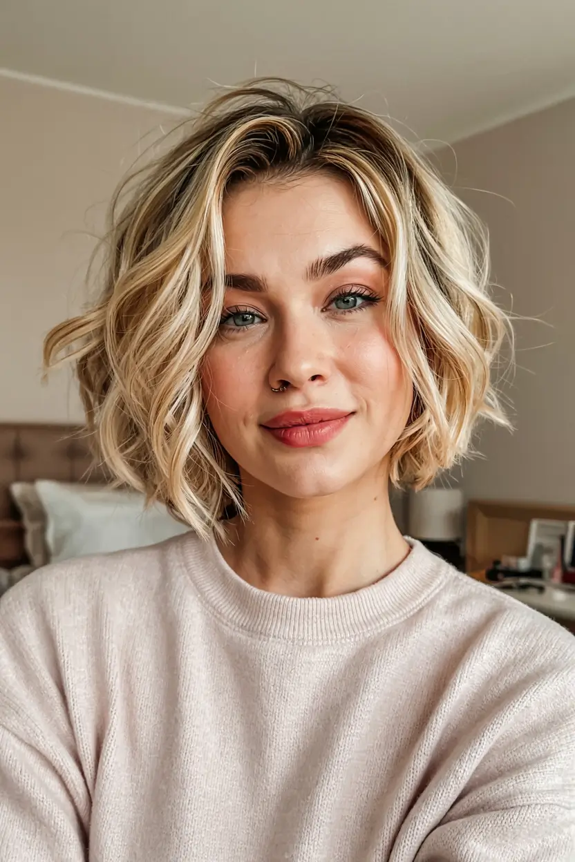 fall bob hairstyle ideas 2025+Dimensional Champagne with Airy Waves