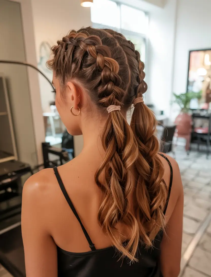 fall braids hairstyle ideas 2025+Curled Pony Braids with High Texture